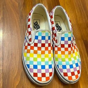 Rainbow checkerboard Vans, size 9.5M/11W. In great condition!